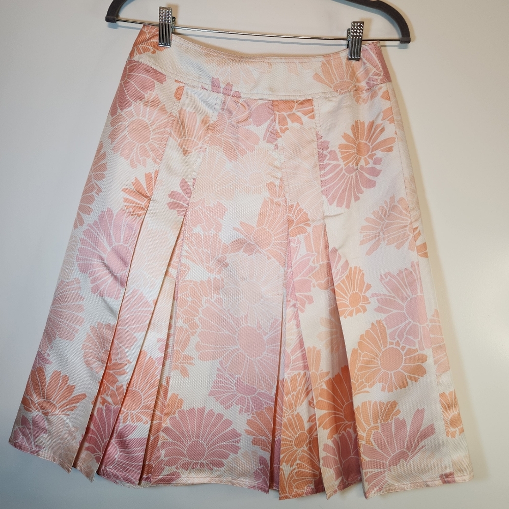 Kay Unger Silk Pleated Floral Skirt | Size 2 | Pastel Pink Peach Spring Summer